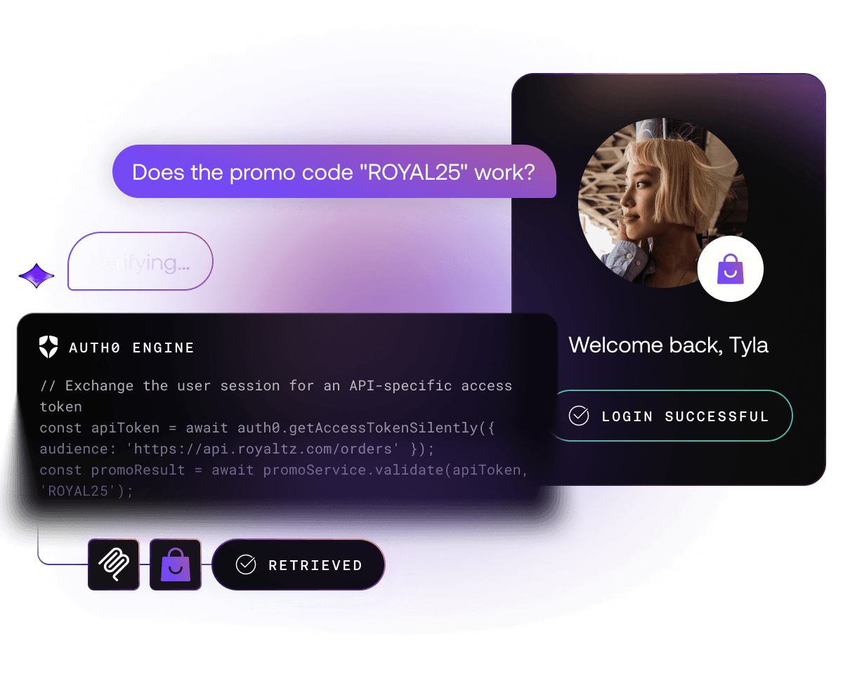 User and AI agent chat with Auth0 engine script and token retrieval action