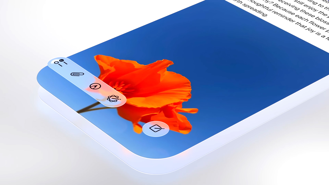 A close-up, angled view of a digital document on a screen. The document features text and a large photo of an orange poppy against a bright blue sky. A toolbar in the new design and Liquid Glass with icons for a timer, a paperclip, a compass, and a stylized atom sits on the left side of the image. 