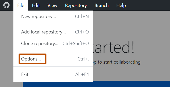 Capture d’écran de la barre de menus « GitHub Desktop » sur Windows. Dans le menu déroulant développé « Fichier », l'élément « Options » est mis en évidence en orange.