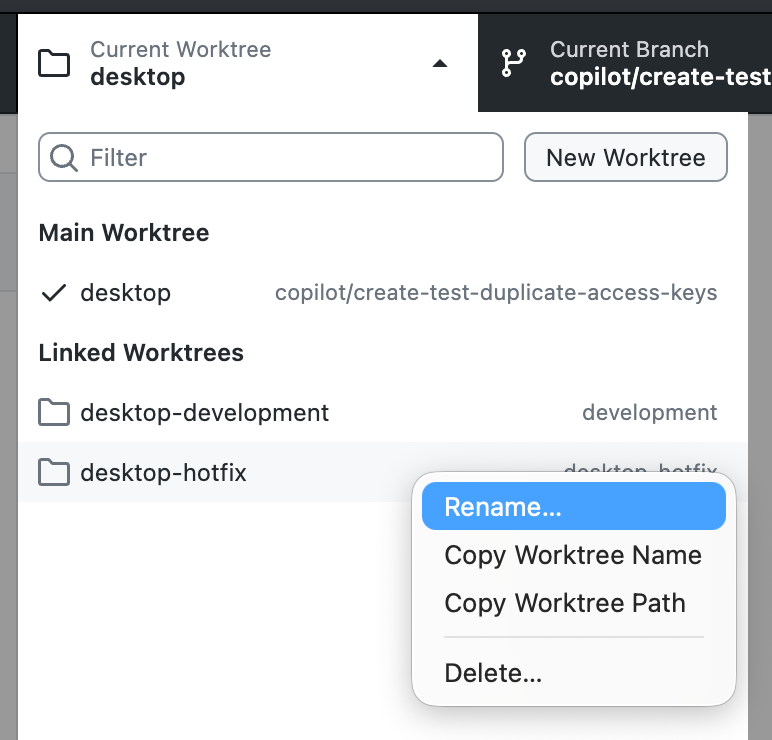 Capture d’écran d’un menu contextuel sur un élément d’arborescence de travail sur un Mac, avec les options Renommer, Copier le nom, Copier le chemin et Supprimer.