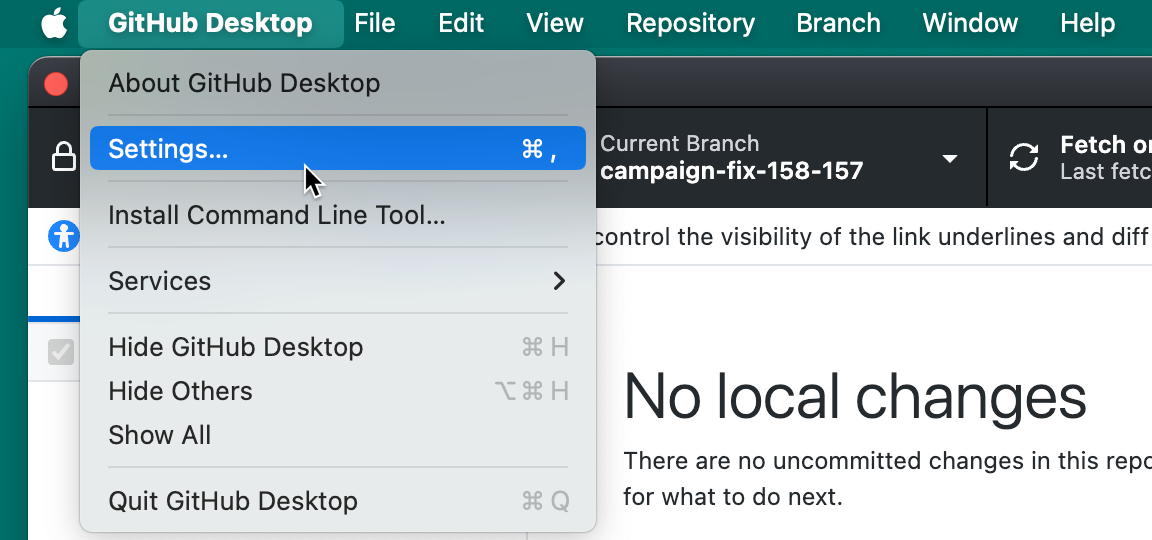 Capture d'écran de la barre de menus sur un Mac. Dans le menu déroulant « Bureau GitHub », le curseur se trouve sur « Paramètres », qui est surligné en bleu.