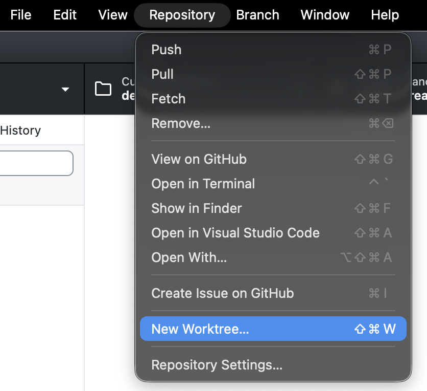 Capture d’écran du menu déroulant « Référentiel » sur un Mac. L’option « New Worktree » est mise en surbrillance en bleu.