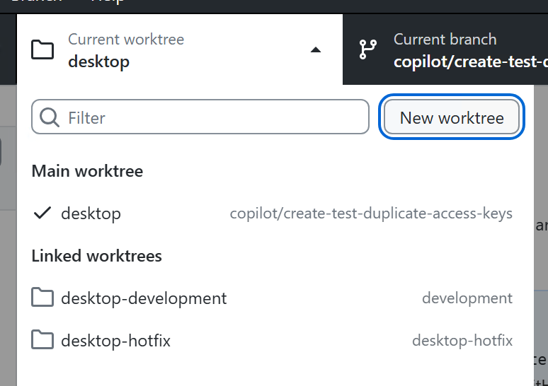 Capture d’écran de la liste déroulante de l’arbre de travail sous Windows. Dans la liste déroulante « Worktree » développée, le bouton Nouvelle arborescence de travail est mis en surbrillance en bleu.