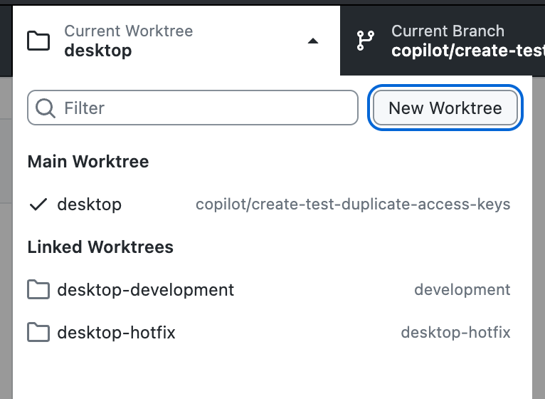 Capture d’écran du menu déroulant de l’arbre de travail sur un Mac. Dans le menu déroulant « Worktree » ouvert, le bouton New Worktree est surligné en bleu.