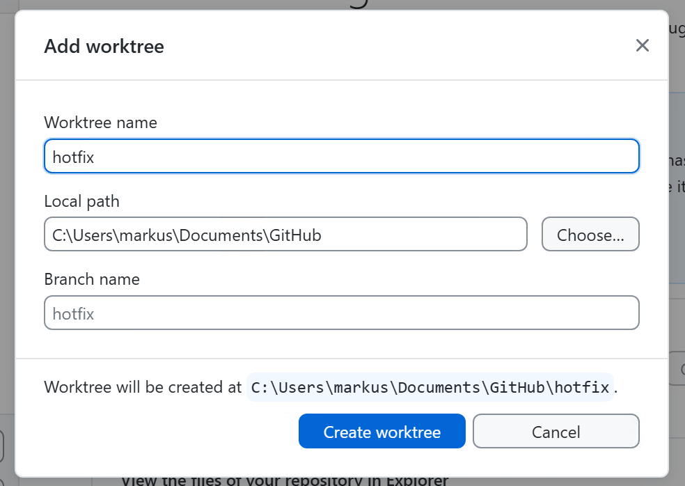 Capture d’écran de la boîte de dialogue « Ajouter une arborescence de travail » sur Windows, montrant les champs nom, chemin d’accès et branche.
