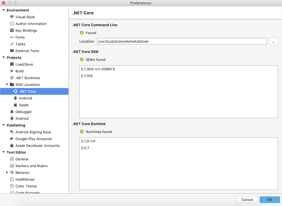 .NET Core location configured in preferences .NET Core location configured in preferneces