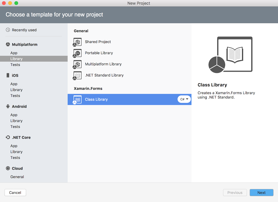 New Project dialog - Xamarin.Forms Class Library project New Project dialog - Xamarin.Forms Class Library project