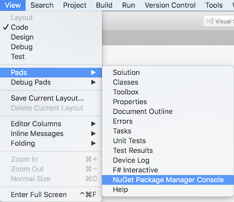 View - Pages - NuGet Package Manager Console menu View - Pages - NuGet Package Manager Console menu