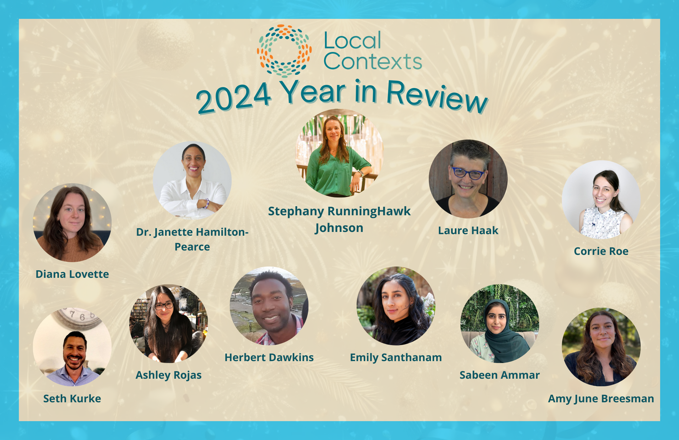 Local Contexts 2024 Year in Review.” Portraits of team members: Diana Lovette, Dr. Janette Hamilton-Pearce, Stephany RunningHawk Johnson, Laure Haak, Corrie Roe, Seth Kurke, Ashley Rojas, Herbert Dawkins, Emily Santhanam, Sabeen Ammar, and Amy June Breesman, with the Local Contexts logo.