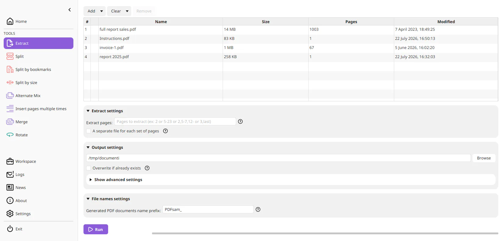 Extract pages module settings