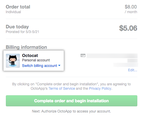 Your name, your avatar, the text "Personal account," and a drop-down menu to switch the billing account