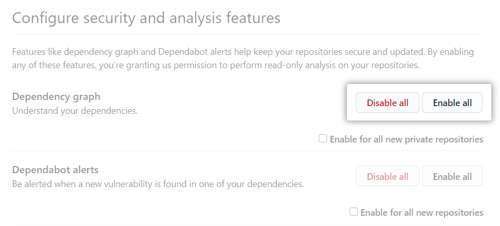 "Enable all" or "Disable all" button for "Configure security and analysis" features