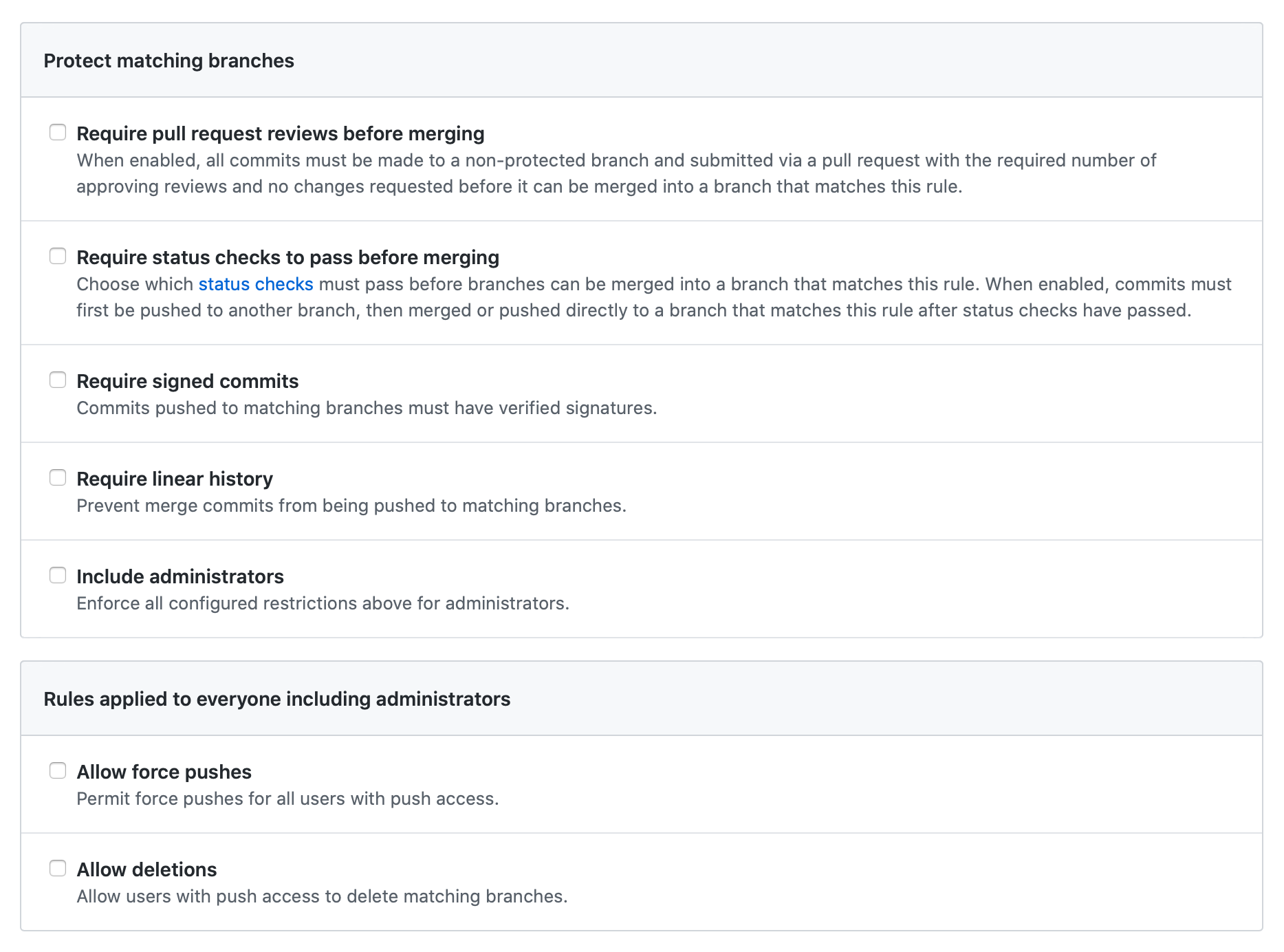Protected branch rule settings