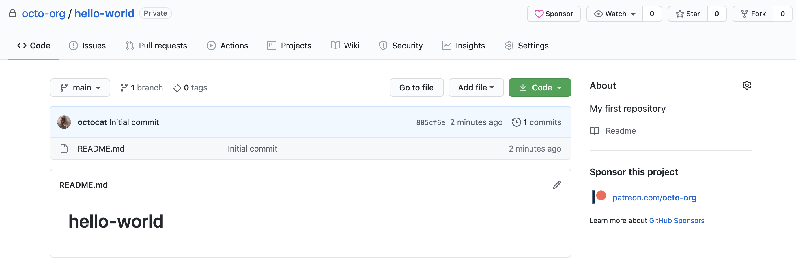 Main page of the octocat/Hello-World repository