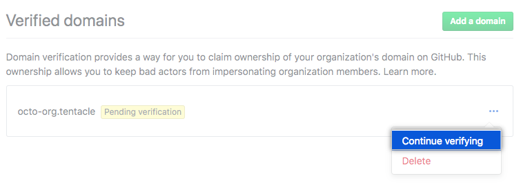 Continue verifying domain button