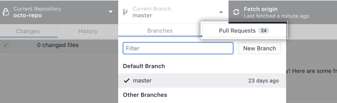 Pull Requests tab in the Current Branch drop-down menu