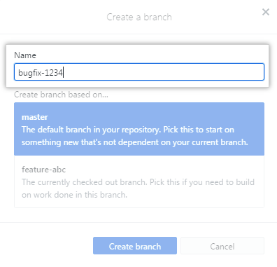 Field for creating a name for the new branch