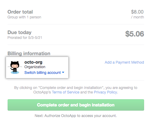 Drop-down menu to switch the billing account, and your chosen organization's name and avatar