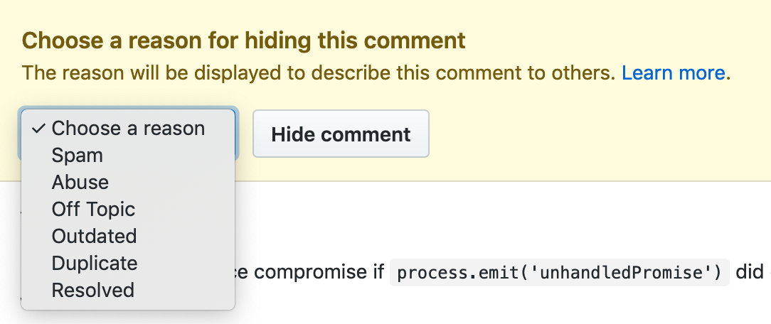 Choose reason for hiding comment drop-down menu