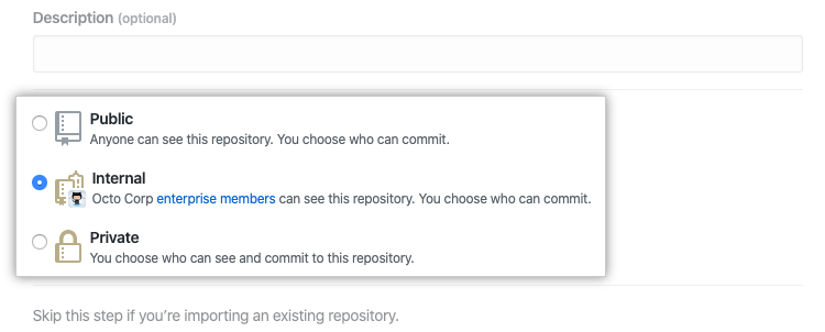 Radio buttons to select repository visibility