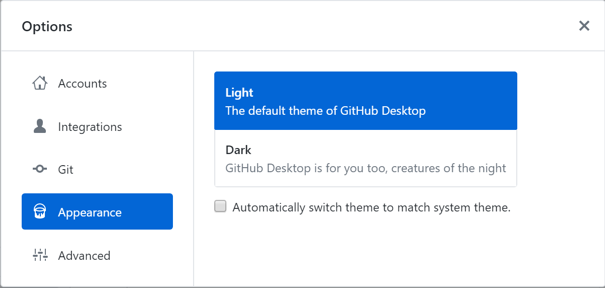 Opções de tema na aba de Aparência para o Windows