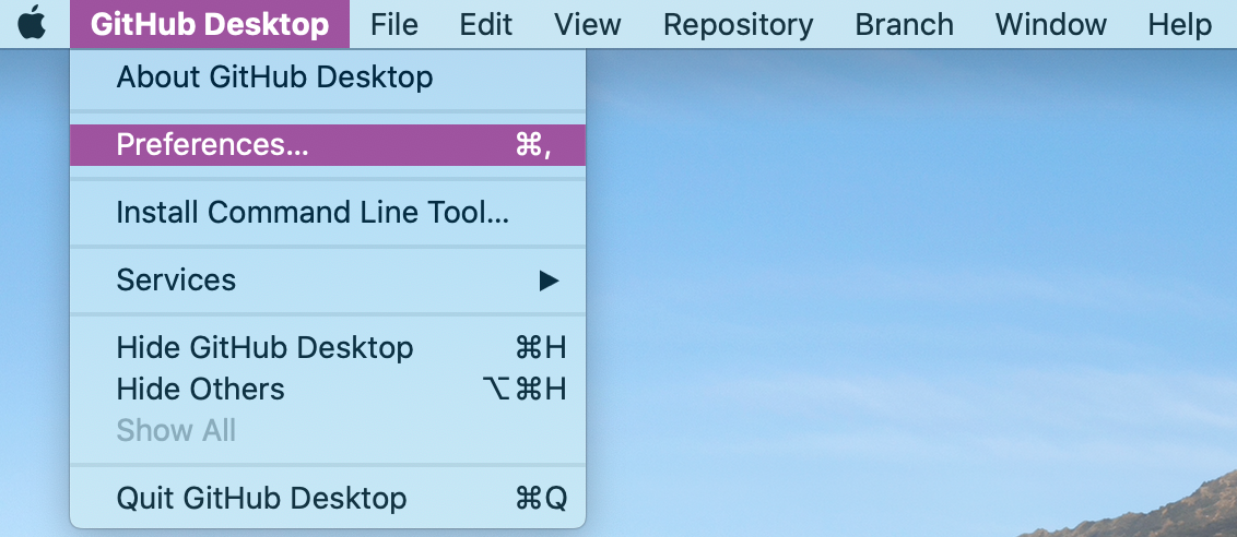 Valor das Preferences (Preferências) no menu suspenso doGitHub Desktop