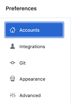Painel Accounts (Contas) na janela Preferences (Preferências)
