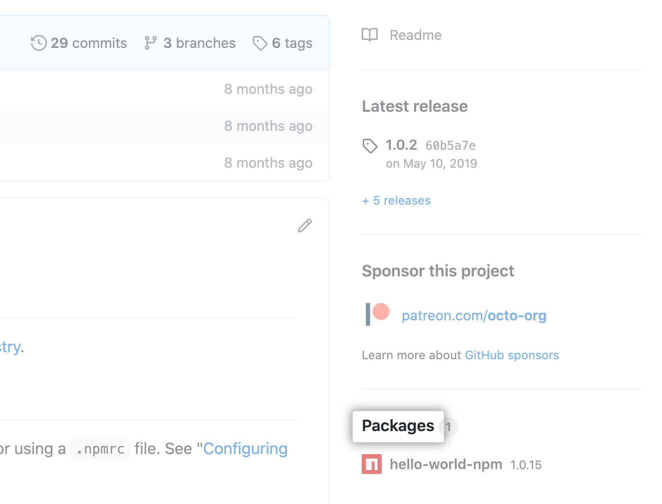 Packages link on repo overview page