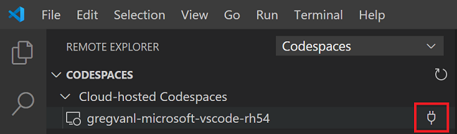 The Connect to Codespace icon in Visual Studio Code