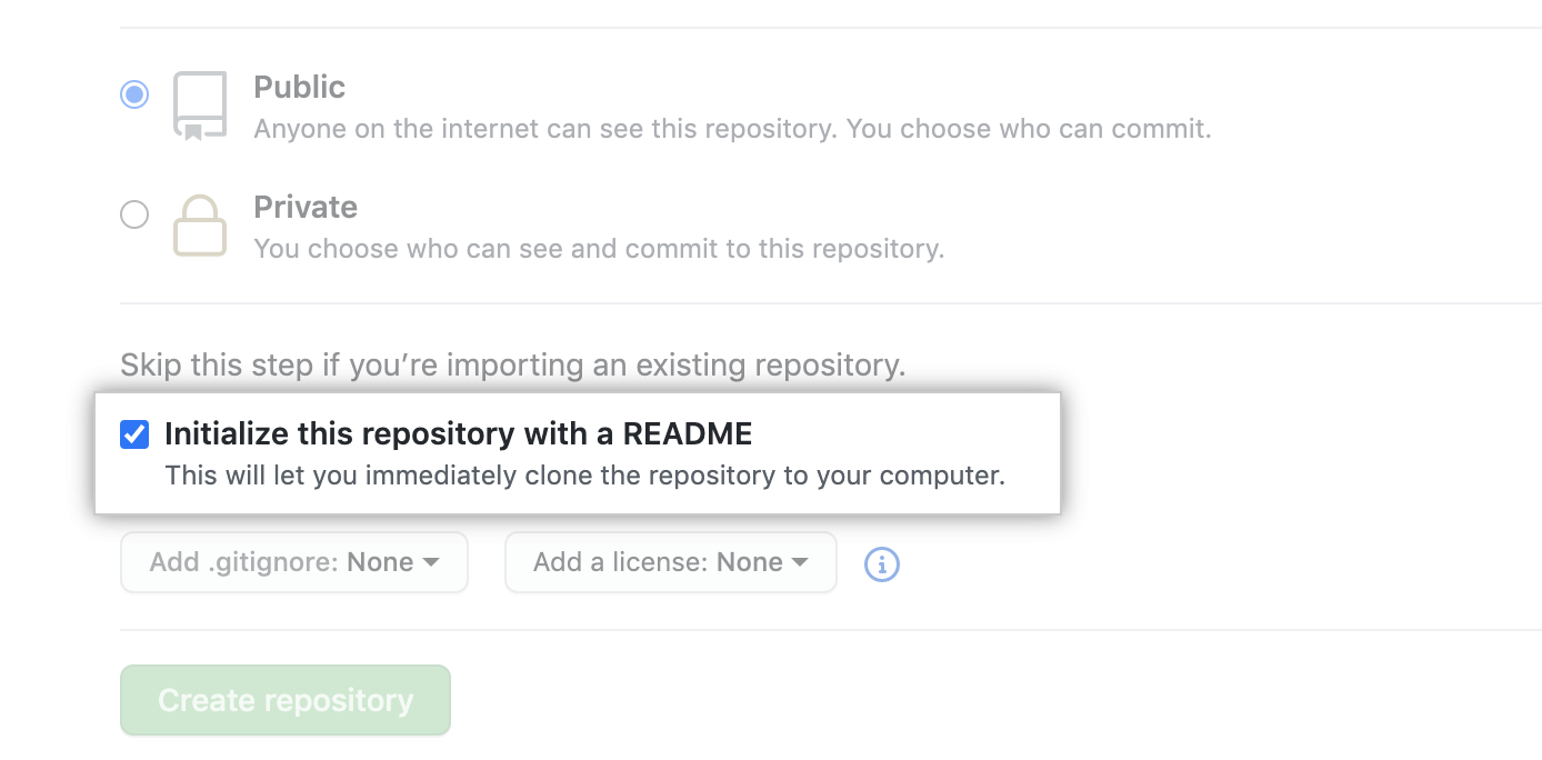 Caixa de seleção Initialize this repository with a README (Inicializar este repositório com um README)