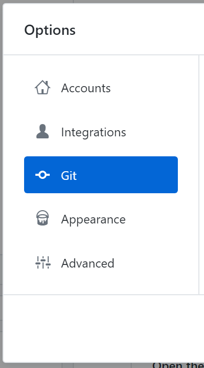 The Git Pane in the Options menu