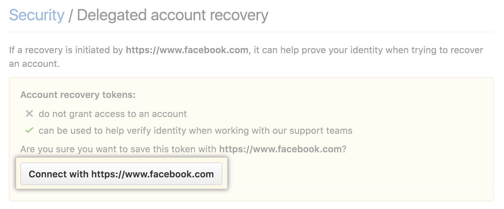 Button for connecting a recovery token with Facebook