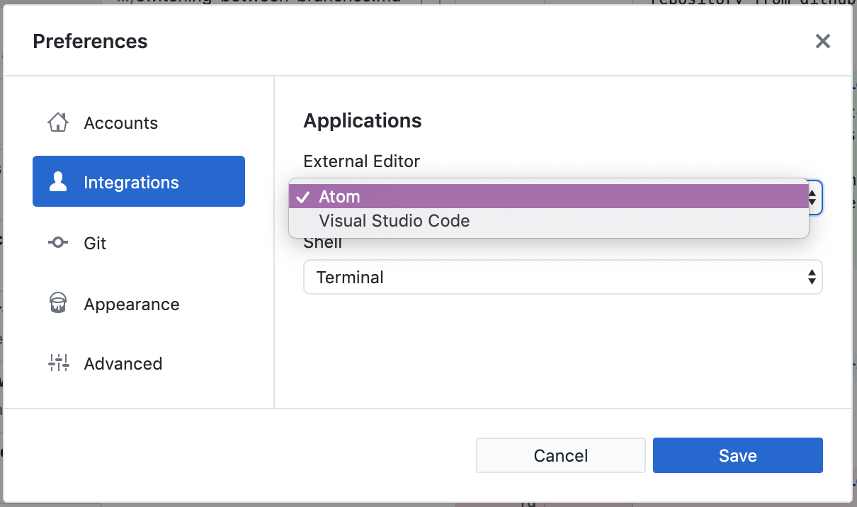 The External editor menu in the Preferences menu bar