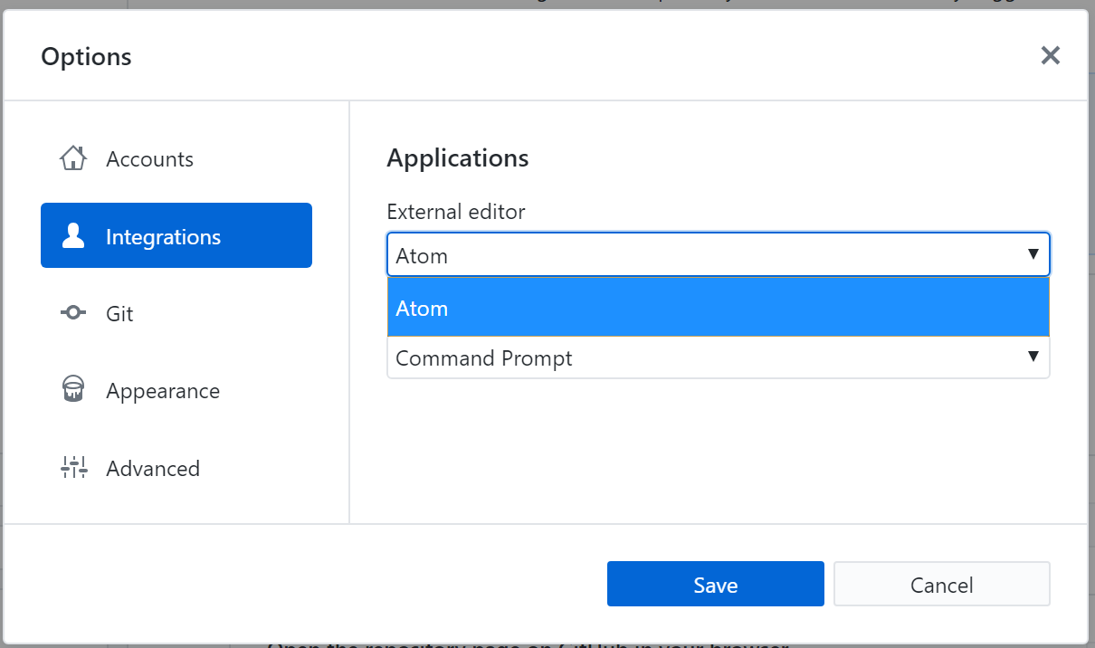 The External editor menu in the Options menu bar