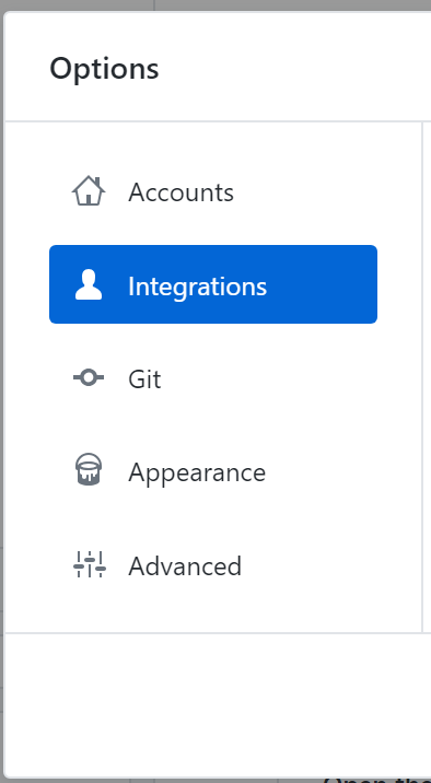 The Integrations pane in the Options window