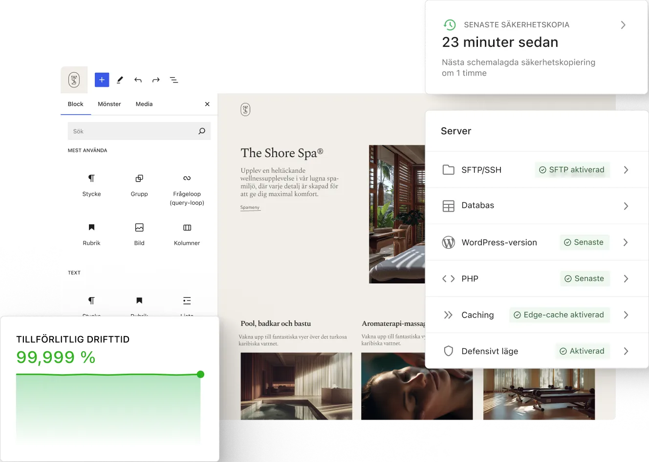 WordPress-redigeraren visar en landningssida för ett spa, medan överlappande statuskort visar säkerhetskopieringstid, serverinställningar och ett tillförlitligt drifttidsmätvärde i en ren, minimalistisk instrumentpanelsmiljö.
