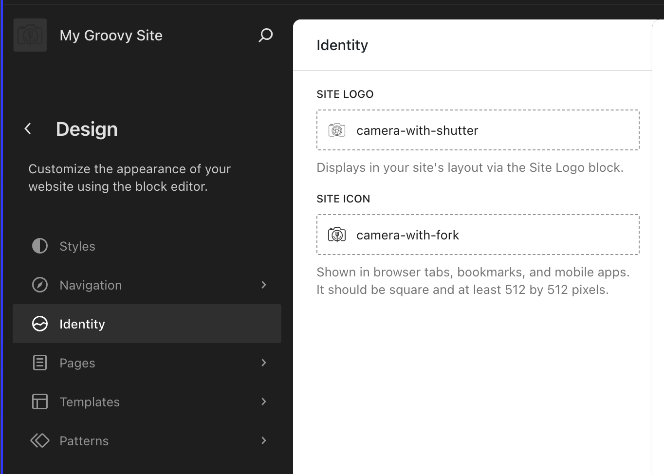 The new Site Logo and Site Icon settings in the WordPress editor