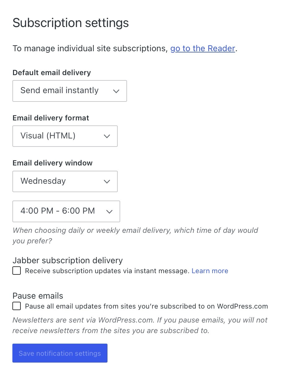 The Subscriptions Delivery section has a series of options, including how often email notifications are received, the email format, and when the emails are sent. At the bottom is a checkbox to pause all email updates from followed blogs, then a button to save the changes.