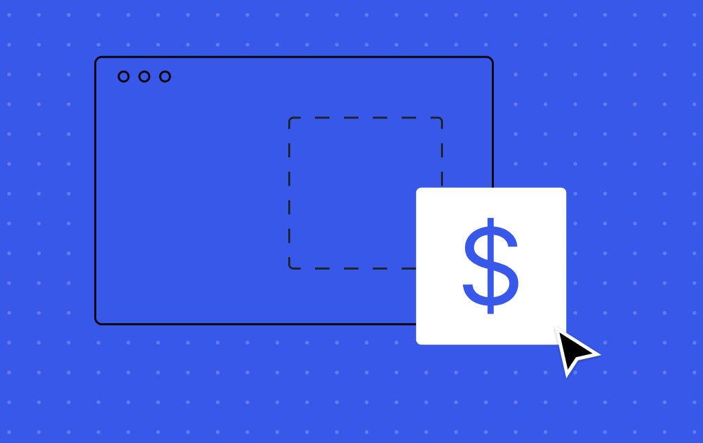 a blue background with an outline of a website and a dollar sign. 