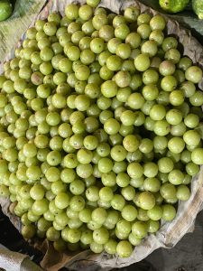 A pile of fresh, green gooseberries is heaped on a piece of cloth. The round fruits have a glossy texture, giving a sense of abundance and freshness.