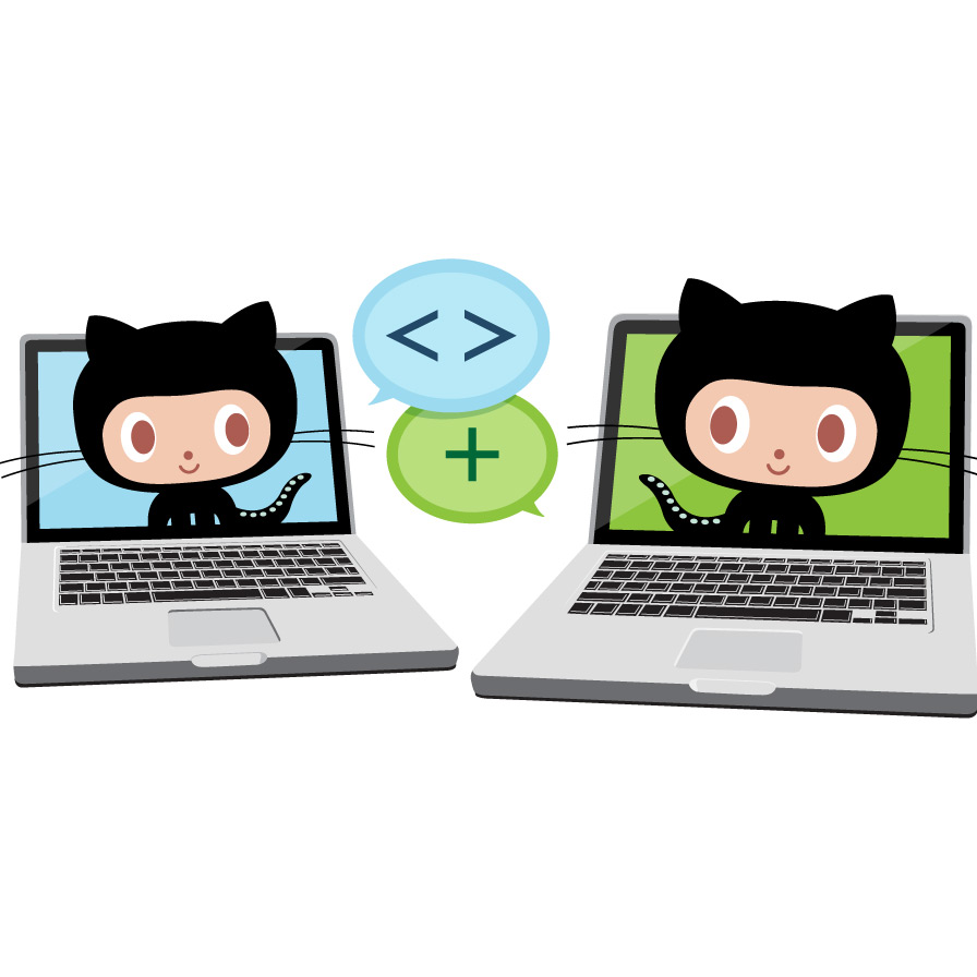 The 'collabocats', cartoon of octocats pictured on two laptops with symbols showing they're collaborating on code