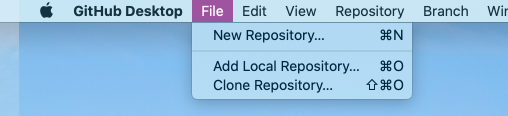 Las opciones del menú de Archivo para crear, agregar, y clonar repositorios