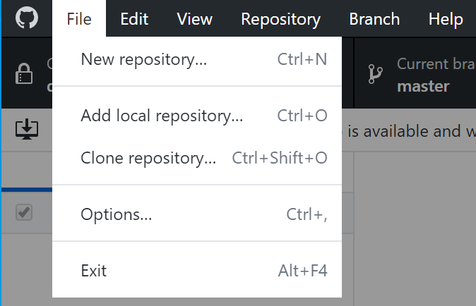 Las opciones del menú de Archivo para crear, agregar, y clonar repositorios