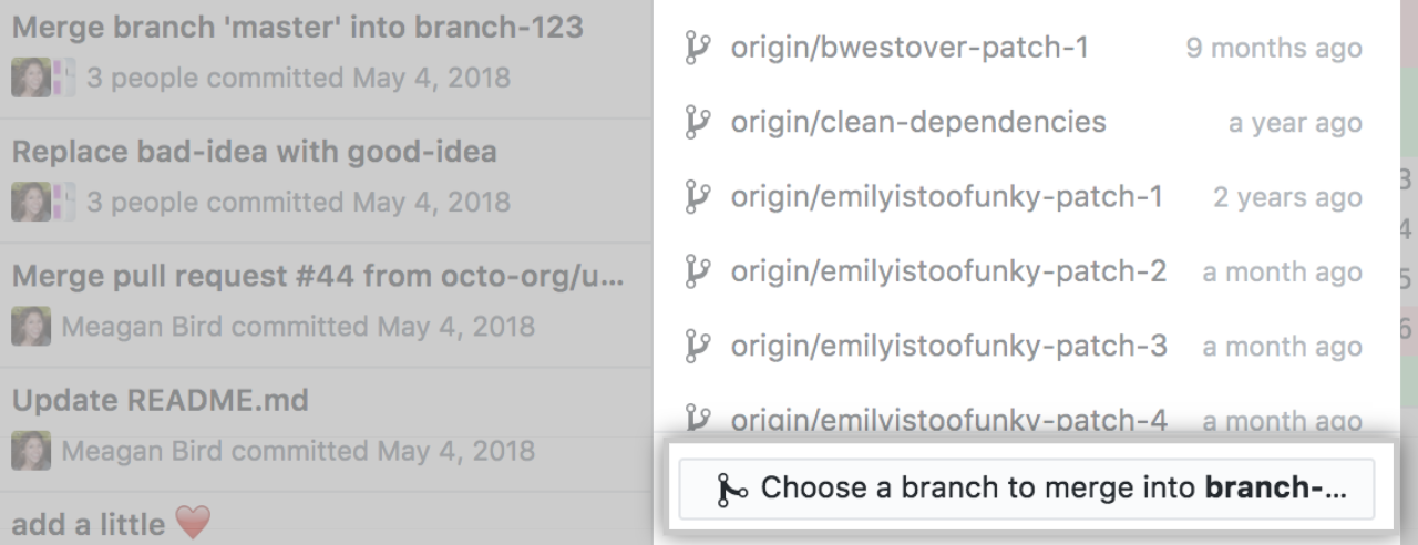 Choose a branch option in the list of branches menu