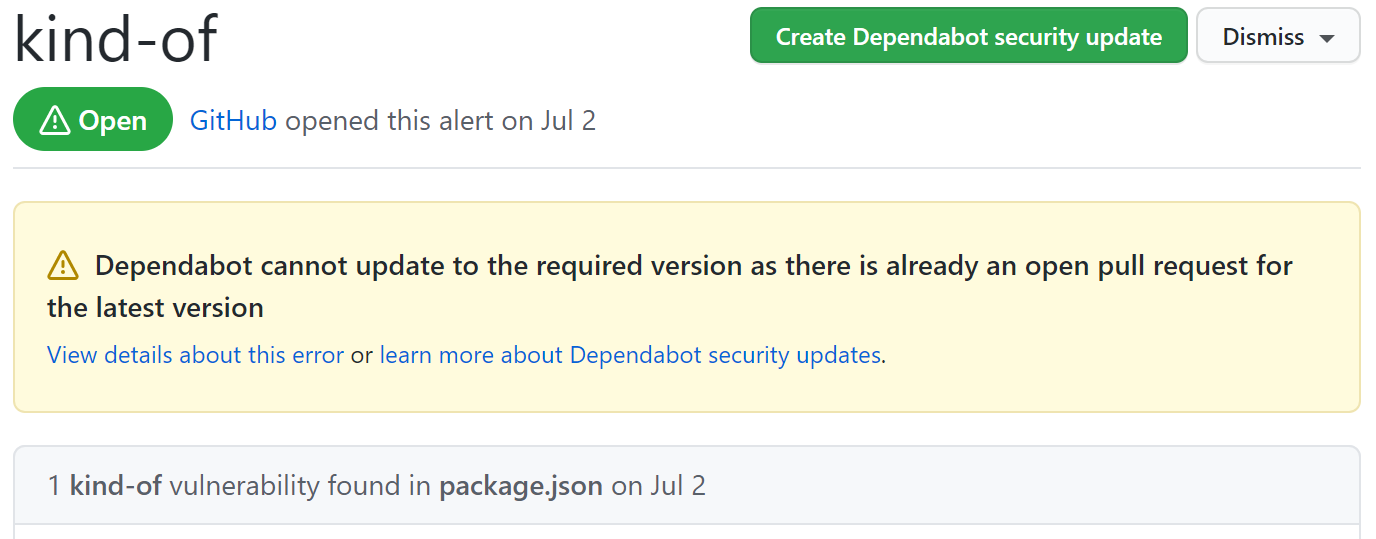Dependabot alert showing the error that blocked the creation of a pull request
