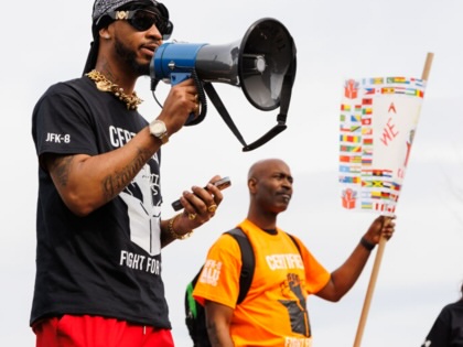 Labor leader Chris Smalls speaks at a rally outside of an Amazon warehouse in Staten Island, New York, on April 11, 2023.