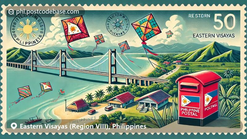 Illustration of Eastern Visayas, featuring the San Juanico Bridge, White Beach, and postal elements like a Region VIII postmark and a Philippine mailbox.