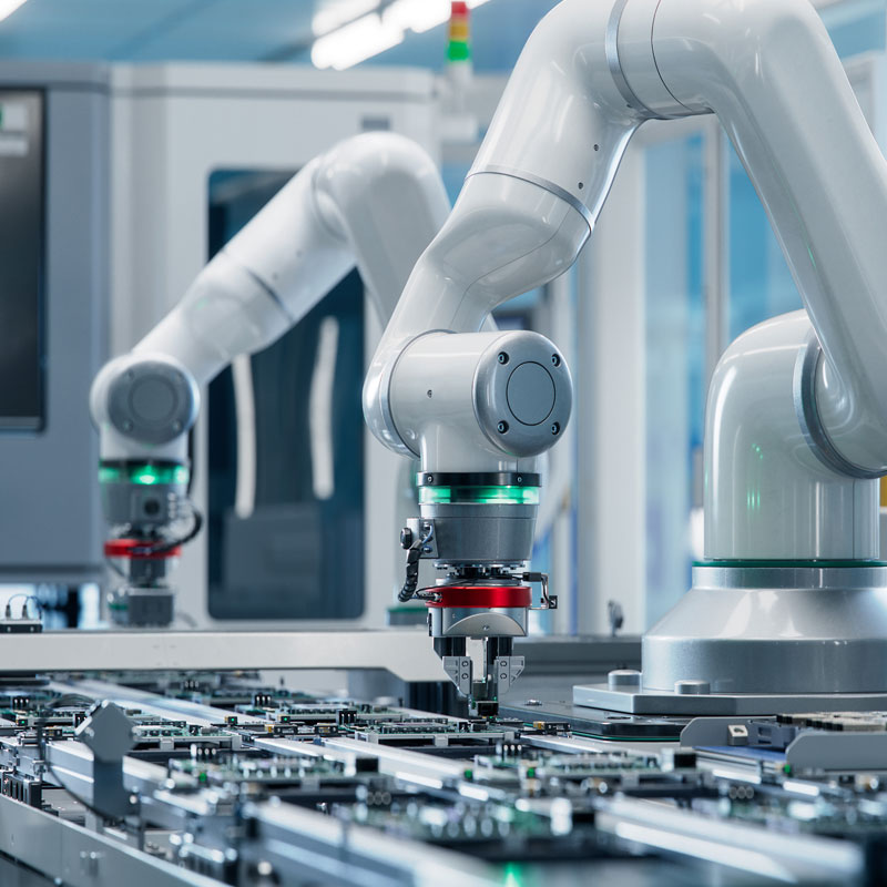 Automation-and-Robotics-Box-Image Two white articulated robotic arms performing precision assembly on a circuit board production line.