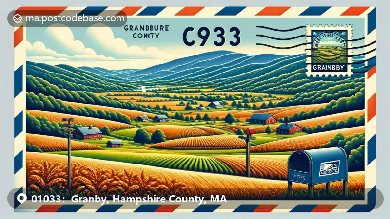 Granby, MA illustration, zip code 01033, featuring the Connecticut River Valley and fall foliage.