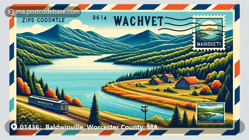 Baldwinville, MA illustration, zip code 01436, Wachusett Reservoir and Nashua River Rail Trail.
